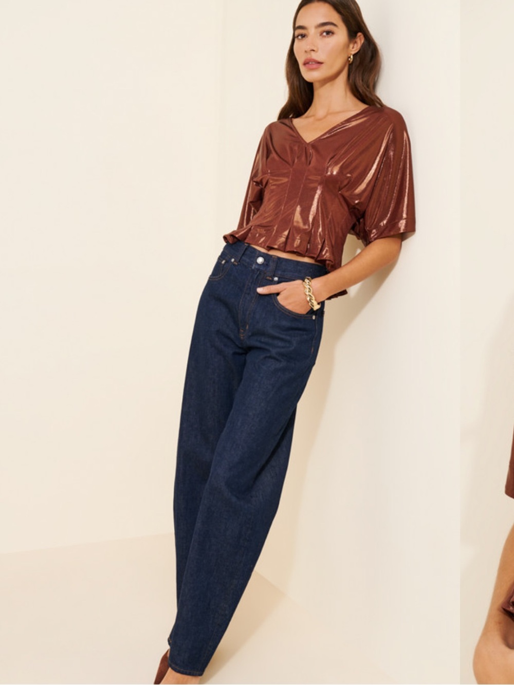 Maeve Shine Pleated Dolman Top in Copper - Picture 3 of 4